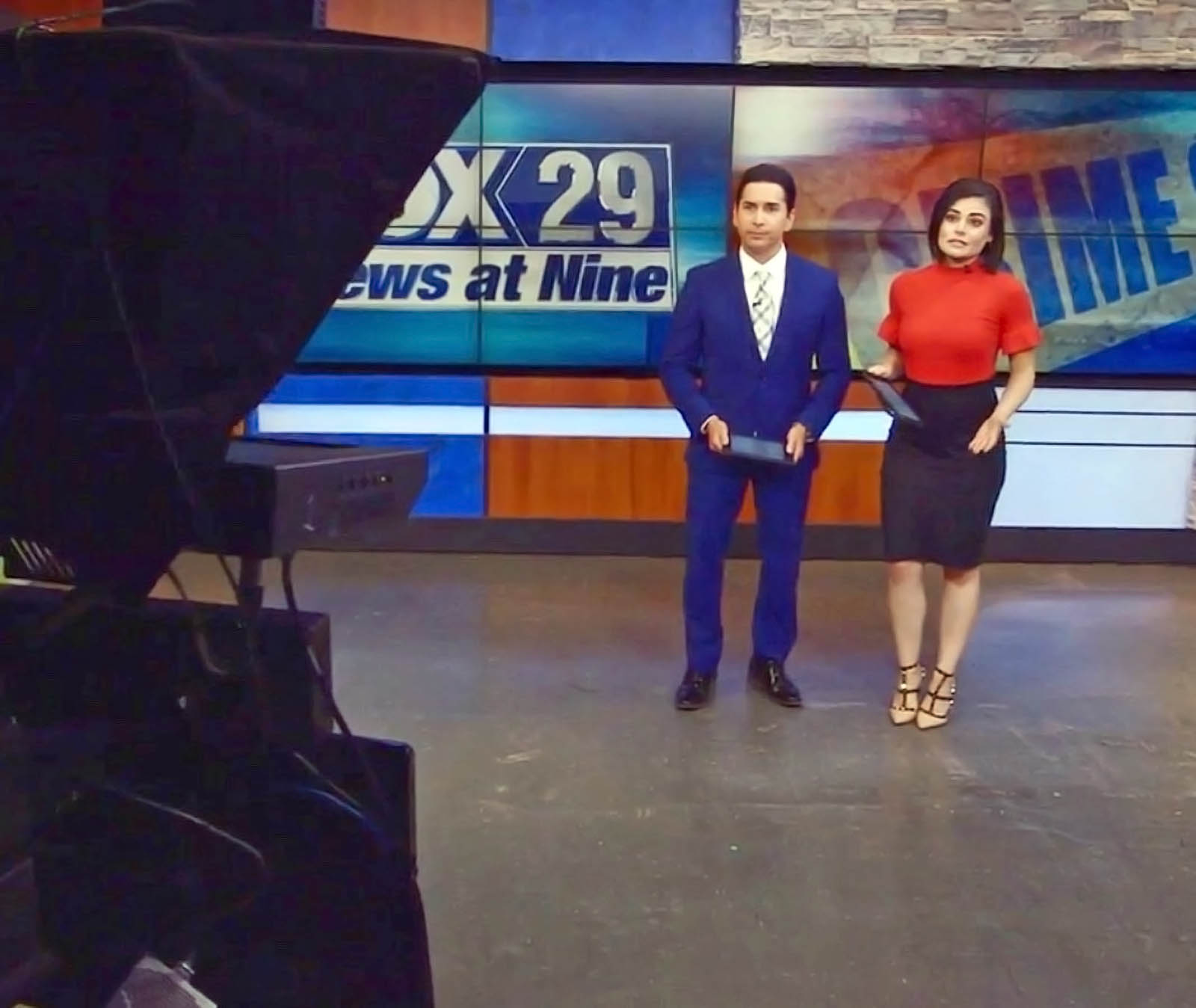 Ryan Wolf and Camilla Rambaldi on live streaming set of Fox 29 San Antonio